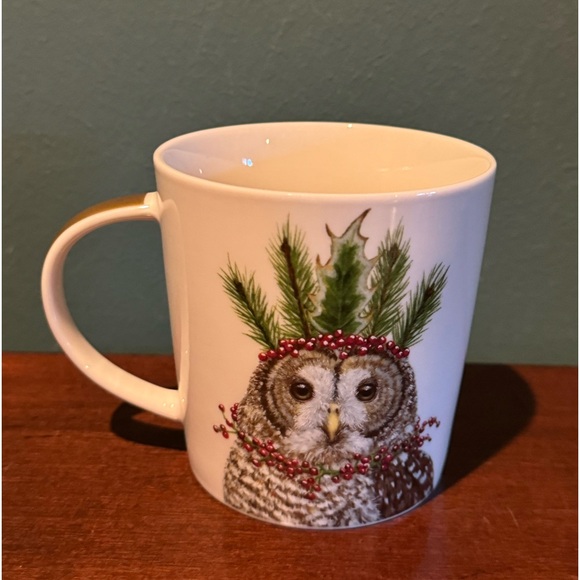 Vicki Sawyer Holiday Mug “Off to the Party” owl with pine and holly crown - Picture 1 of 6